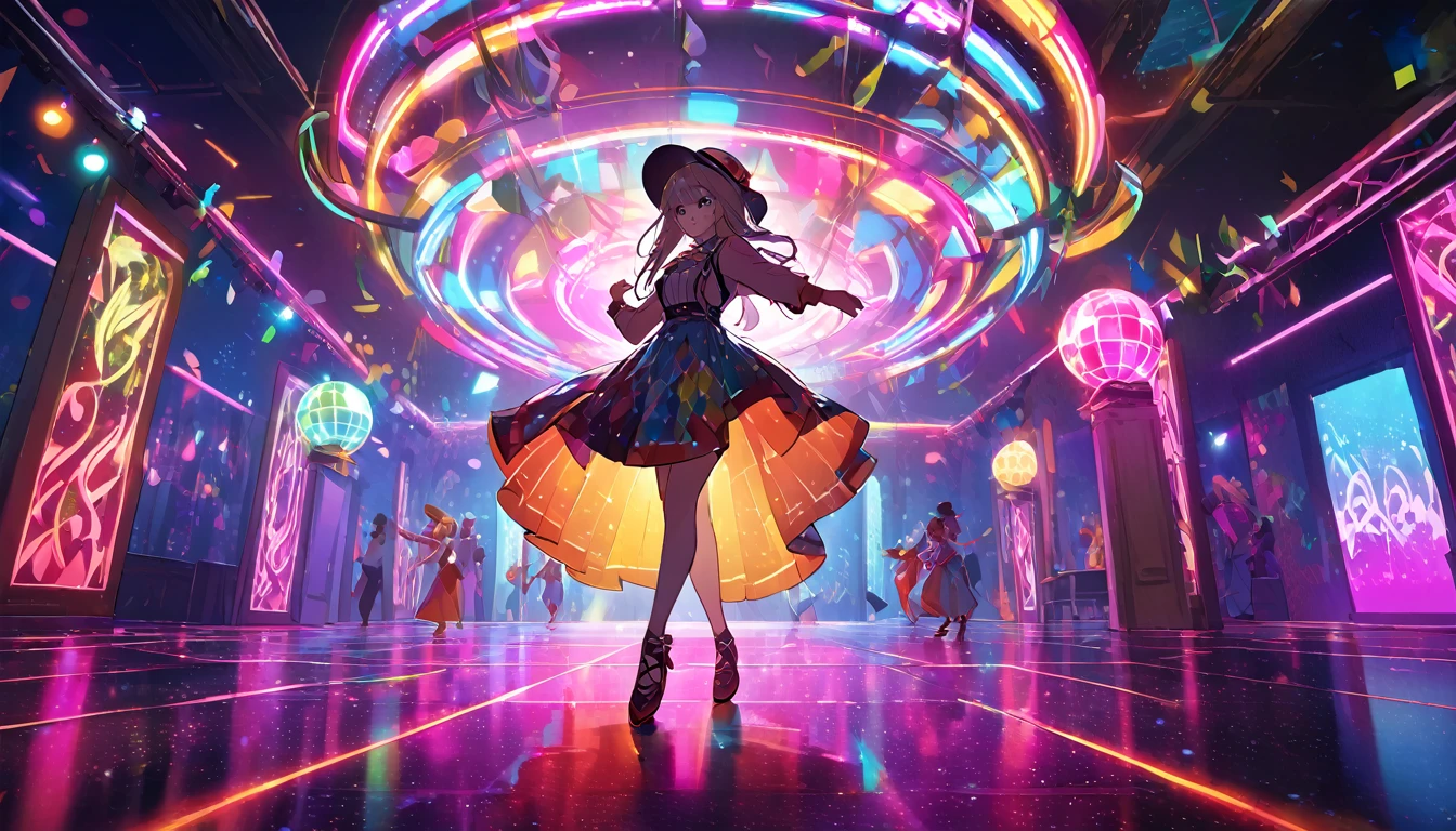 An anime-style vibrant dance hall with only one girl dancing joyfully under colorful lights. The atmosphere is electric, with neon lights and a disco ball casting dynamic patterns across the floor. The girl is dressed in a stylish outfit and wearing a hat, moving energetically to the music. The walls are adorned with bright, colorful decorations, and the overall mood is festive and exhilarating. The dance floor is spacious, and the energy of the single dancer is palpable as she enjoys the night. High quality.