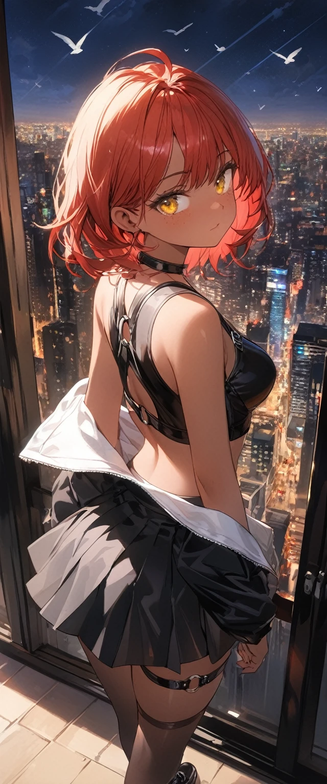 table top, highest quality,figure, wallpaper, Super detailed, absurd, 1 girl, alone, back to viewer ( short red hair, tan skin, freckles, yellow eyes), detailed and beautiful eyes , (street:1.3), hair blowing in the wind,(panoramic view:1.3),(sense of depth:1.5),(long shot:1.3) girl standing on balcony looking at the city at night, wearing open sexy clothes, black skirt, Black stockings, oversized jacket, chest harness, black shirt, crop top, skirt, Shoes, O-Ring, midriff, off shoulder, medium breasts, thigh strap, pleated skirt (skirt blowing in the wind) looking up at the sky, (Birds Eye view)