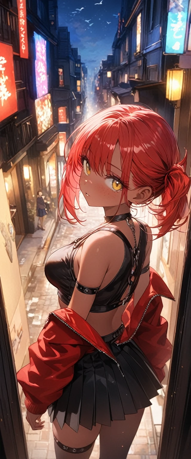 table top, highest quality,figure, wallpaper, Super detailed, absurd, 1 girl, alone, back to viewer ( short red hair, tan skin, freckles, yellow eyes), detailed and beautiful eyes , (street:1.3), hair blowing in the wind,(panoramic view:1.3),(sense of depth:1.5),(long shot:1.3) girl standing on balcony looking at the city at night, wearing open sexy clothes, black skirt, Black stockings, oversized jacket, chest harness, black shirt, crop top, skirt, Shoes, O-Ring, midriff, off shoulder, medium breasts, thigh strap, pleated skirt (skirt blowing in the wind) looking up at the sky, (Birds Eye view)
