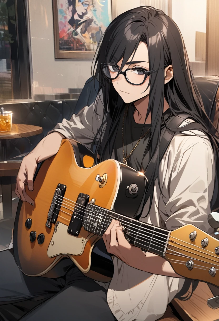 man, long hair, black fur, black eyes, Casual, big glasses, guitar