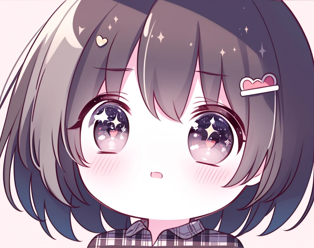 round image, caizi touxiang, 1girl, heart, solo, hair ornament, virtual youtuber, symbol-shaped pupils, ahoge, brown hair, heart-shaped pupils, stuffed toy, long hair, plaid, blush, stuffed animal, bangs, brown eyes, shirt, holding, outline, heart ahoge, white outline, holding stuffed toy, stuffed bunny, plaid shirt, upper body, collared shirt, chibi, parted lips, rabbit hair ornament, looking at viewer, long sleeves, simple background, sparkle, unmoving pattern, hairclip