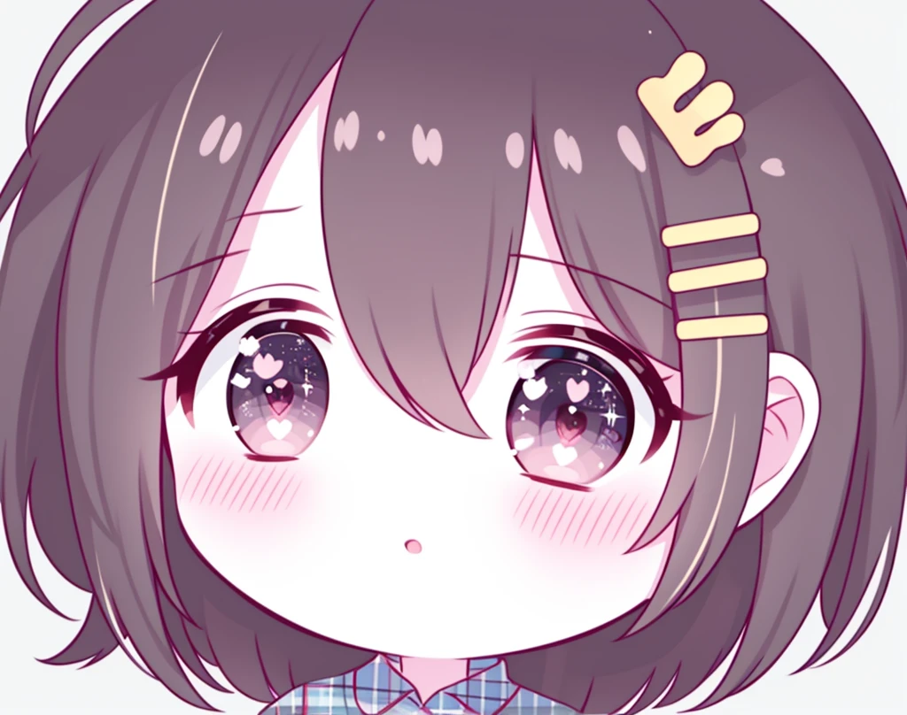 round image, caizi touxiang, 1girl, heart, solo, hair ornament, virtual youtuber, symbol-shaped pupils, ahoge, brown hair, heart-shaped pupils, stuffed toy, long hair, plaid, blush, stuffed animal, bangs, brown eyes, shirt, holding, outline, heart ahoge, white outline, holding stuffed toy, stuffed bunny, plaid shirt, upper body, collared shirt, chibi, parted lips, rabbit hair ornament, looking at viewer, long sleeves, simple background, sparkle, unmoving pattern, hairclip