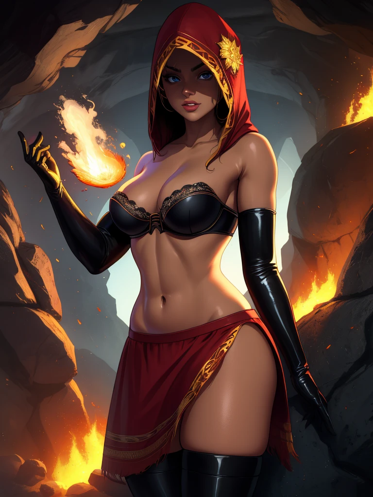 Dsorceress, shadowy face,dark cave, fire, hood, shadowed face, strapless bra, slim and athletic body, miniskirt, no panty, elbow gloves, dark skin, 1 girl (insanely detailed, masterpiece, best quality)