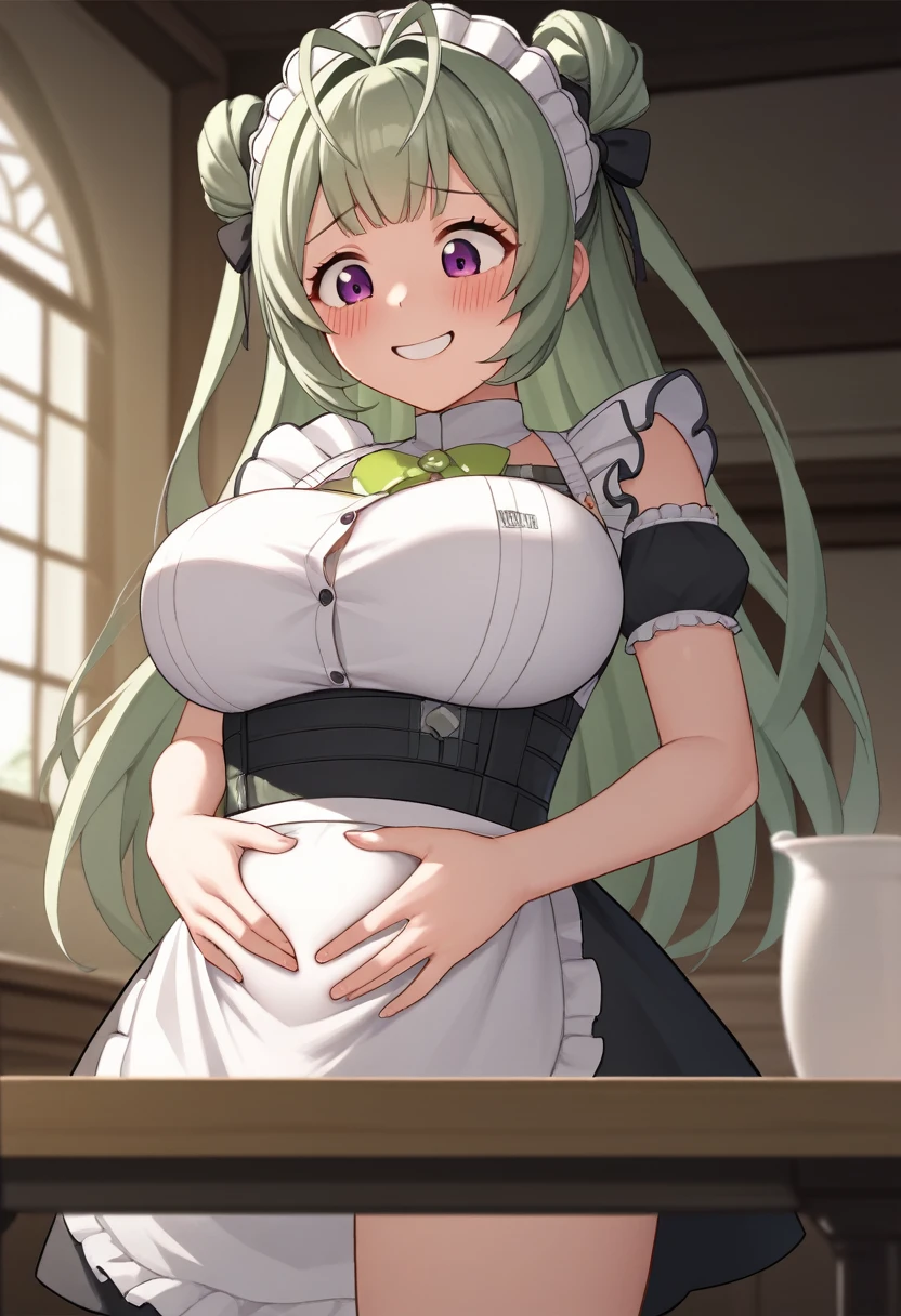 score_9, score_8_up, score_7_up, source_anime, BREAK 1girl, sdrnd, purple eyes, green hair, long hair, bangs, double bun, antenna hair, big breasts, blush, , smile, shy, embarrassed, smile, , maid, mansion, room, looking down, from bellow, seductive smile, hands on stomach, hands on own stomach, patting own stomach, table, happy, very happy
