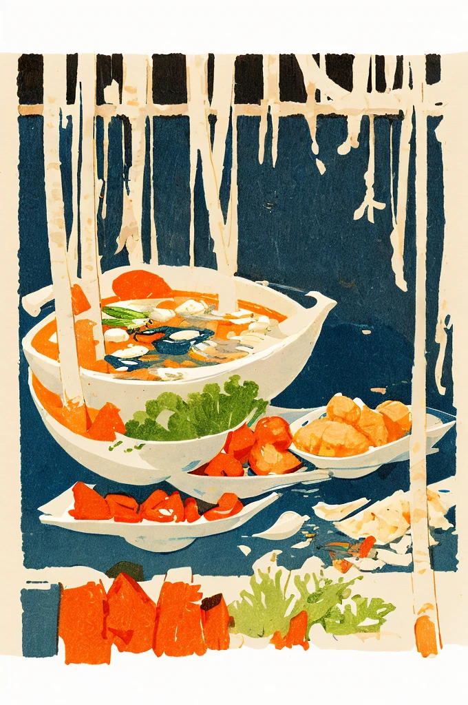 Illustration: Simple woodblock printing style, Thai food, Tom Yum Kung 