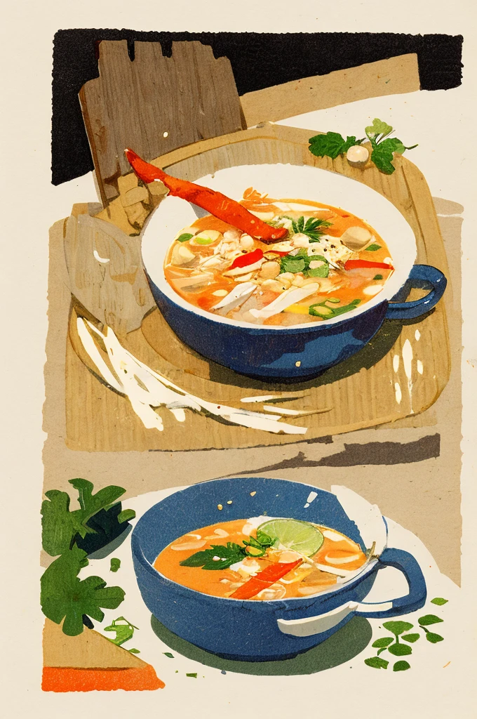 Illustration: Simple woodblock printing style, Thai food, Tom Yum Kung 