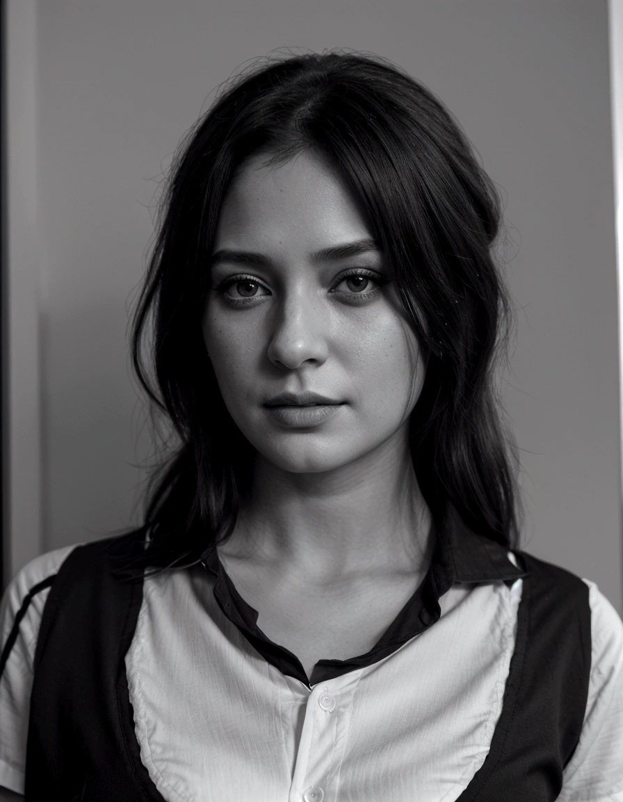 arafed picture of a woman with a black and white shirt, potrait, digital art but photo,