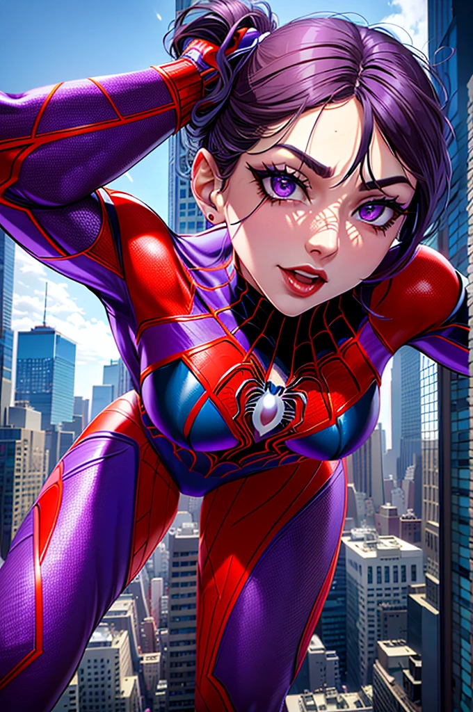 Create Spider Woman in New York, She wears a purple uniform identical to Spider-Man&#39;s and dark purple hair., her face covered with the purple spider hem mask, similar to young Sandra Bullock, slender, big breasts, athletics, wear armor on your feet, full body in the image, 8K.