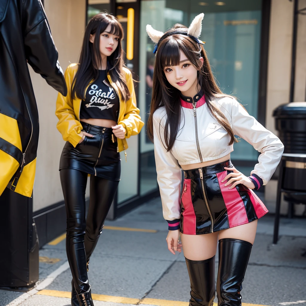bangs down,beautiful girl,Maid clotheasterpiece,Standing posture,Hands in pockets,perfect face,perfect breasts,long hair,Long leather trousers,Colorful clothes,Outstanding style,stimulating,Cute outfits,Horny girl,double eyelid,Naughty Girls,Erotic and cute,mini skirt,ribbon on uniform,colorful hair color,yellow eyes,leather jacket,horny girl,Knee-high boots,
Colorful,multicoloured,future fashion,smile,,zipper bra,Multicolored clothing