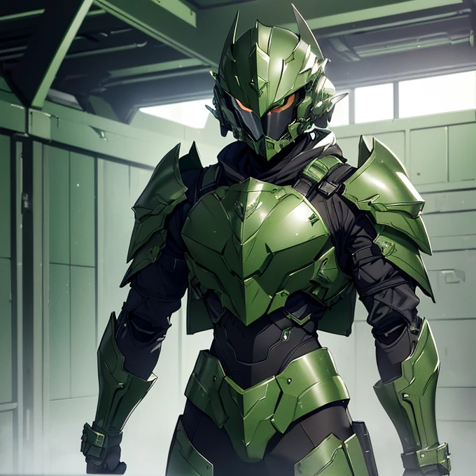 (absurdres, best high quality image, carefuly detailed features and textures, very detailed image, solo character alone, full character view): {{(1character: space male older soldier), (dark green bulky space battle armor, dark green full helmet showing no face, dark green helmet visor, dark green shoulder plates, dark green breast plate with, green crystal in the breast plate, dark green gauntlets, dark green elbow plates, dark green long plate boots, dark green bulky bag back pack), (laser broad sword), (standing imponent, firmly posture, deadly proffesional, on guard), (futuristic human space cleaned and bright station hall)}}