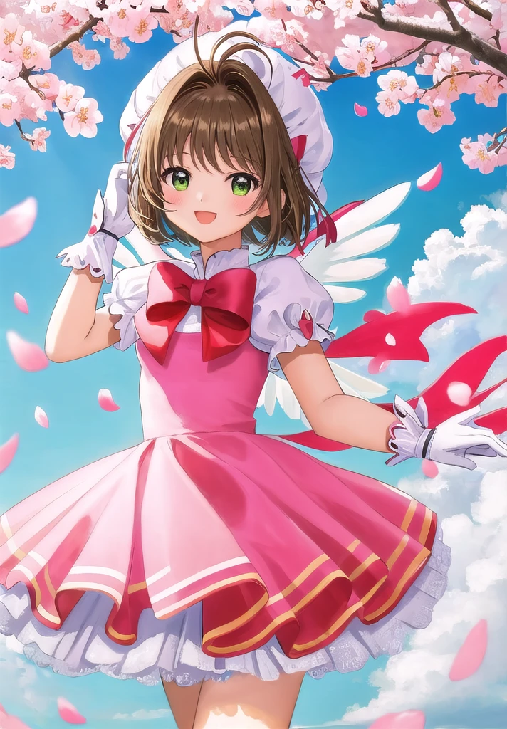 (masterpiece, Highest quality, detailed:1.3),(photograph:1.3), High Detail, 1 Girl,pretty girl、cute、View your viewers、Cardcaptor_cherry blossoms、Outdoor、cherry blossoms、wing、wing、白いwing、Pink and white dress、smile、dance