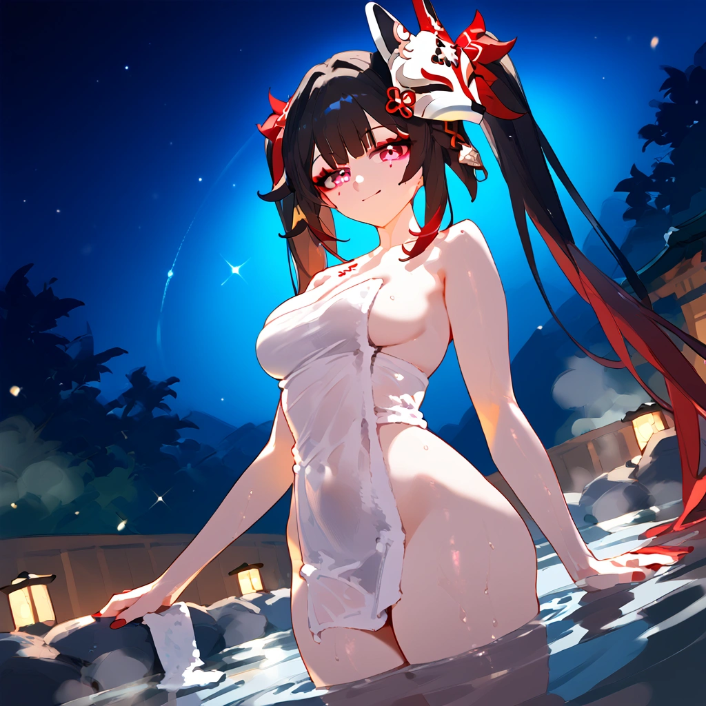 anime artwork, score_9, score_8_up, score_7_up, score_6_up, score_5_up, score_4_up,sparkle \(honkai: star rail\),1girl, twintails, black hair, medium breasts, red eyes, red eyeshadow, fox mask , , , , , she is 24 years old, , ,horny, style_3, floox style, . She has fluorescent pink eyes with tiny black dots under each of her eyes. Additionally, a white-and-red Kitsune mask is at an angle on the top of her head. wearing towel, after shower, naked, towel wrapped around body, onsen, naughty smile, in water, standing, leaning on viewer