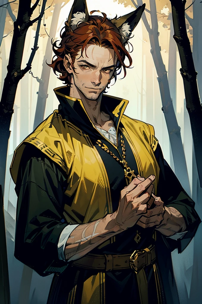 masterpiece, noise suppression, one man, Best quality, sharp image, permission 8k, male focus, sharp image, just concentrate, stunning composition, volumetric lighting, super quality, Very detailed, medieval fantasy, adult man man with fox ears on his head, without human ears, with stubble on the chin, red curly hair, pale skin with freckles, yellow eyes, tricky glance, sly smile, in animal skins, In the woods