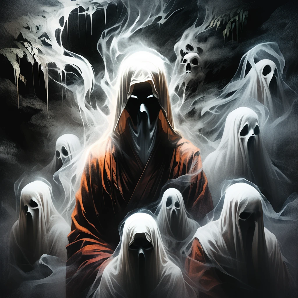close up portrait of ghosts of Buddhist monks, many ghosts, without faces, shadows, night, jungle, fog, graphic style of novel comics,dark novel style, comic, 2d, 8k, hyperrealism, masterpiece, high resolution, best quality, ultra-detailed, super realistic, Hyperrealistic art, high-quality, ultra high res, highest detailed, lot of details, Extremely high-resolution details, incredibly lifelike, colourful, soft cinematic light,