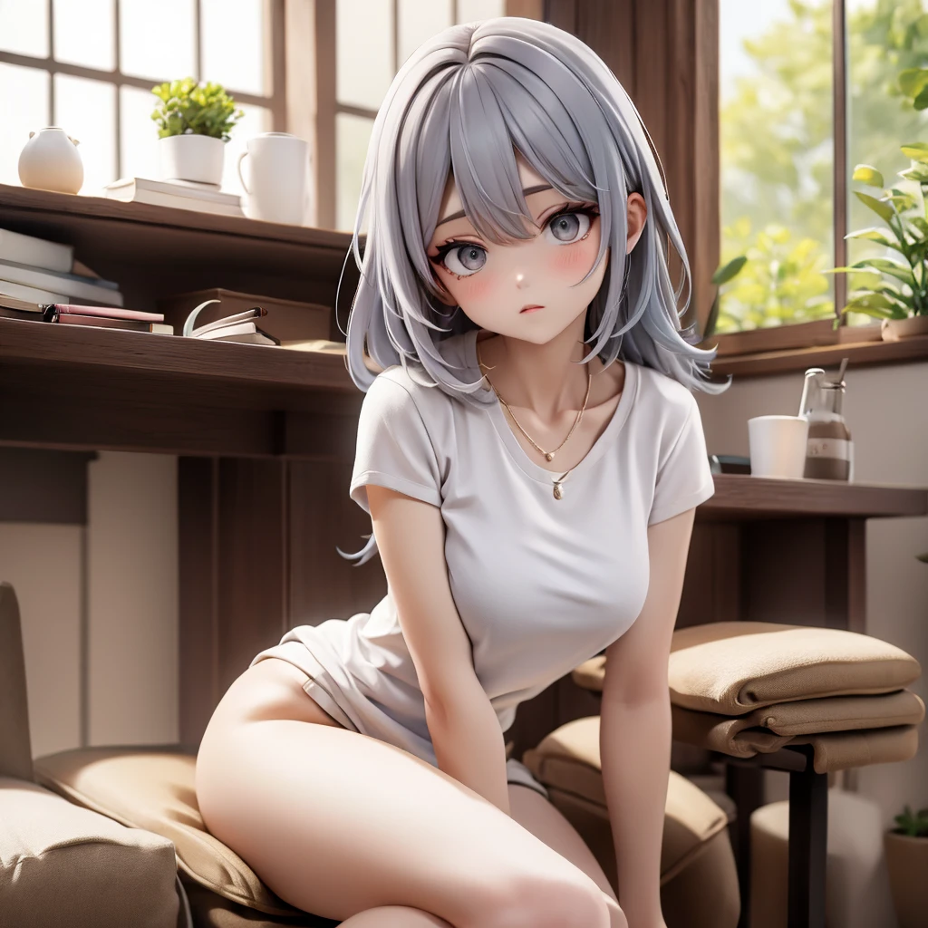 A woman with beautiful gray hair, sharp eyes, fierce, Korean style, wearing underwear, sitting in a charming position on a chair in the house by the window.