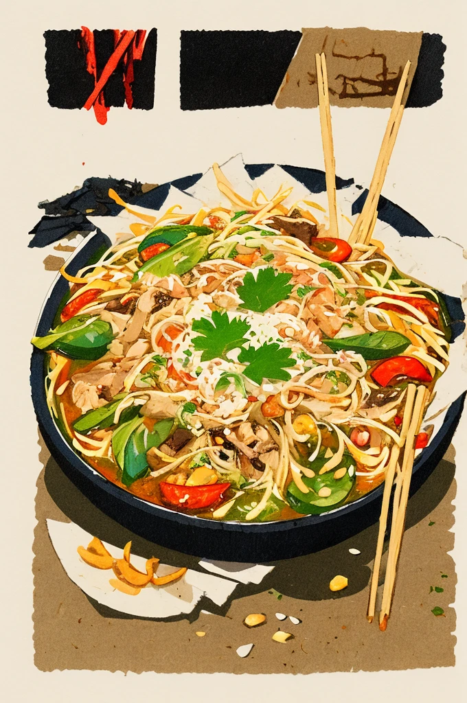 Illustration: Simple woodcut style, Thai food, Pad Thai.