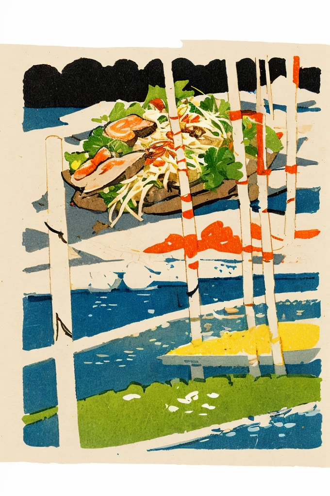 Illustration: Simple woodcut style, Thai food, Pad Thai.