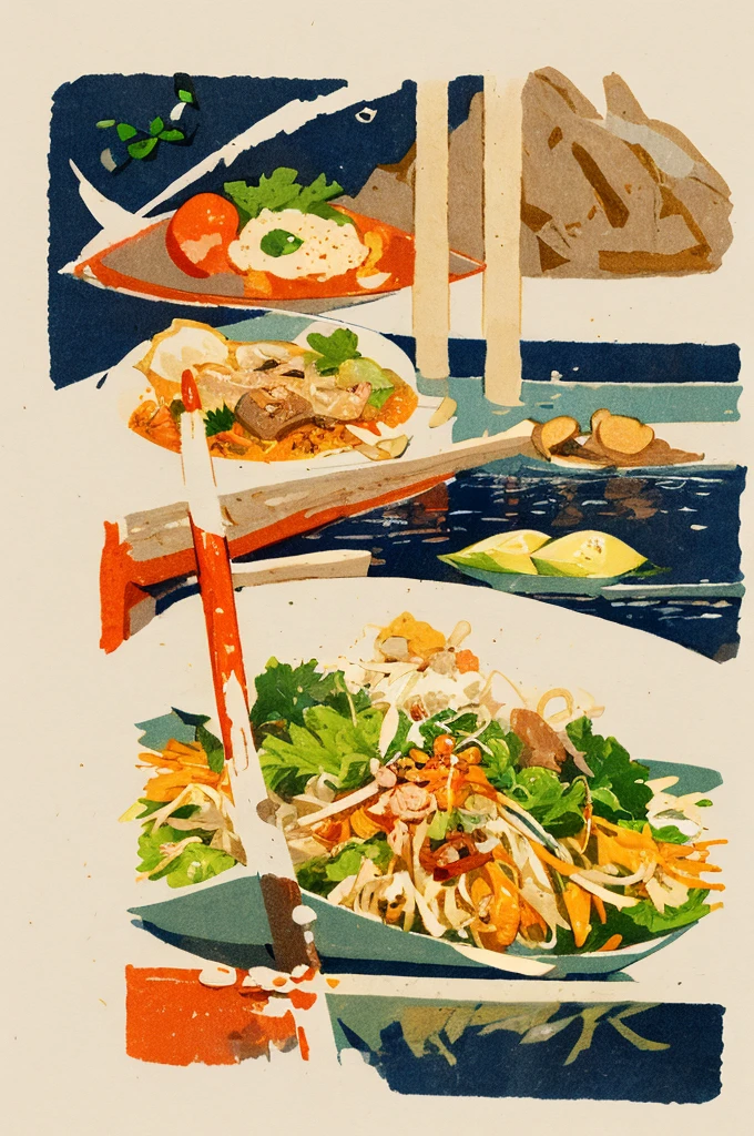 Illustration: Simple woodcut style, Thai food, Pad Thai.
