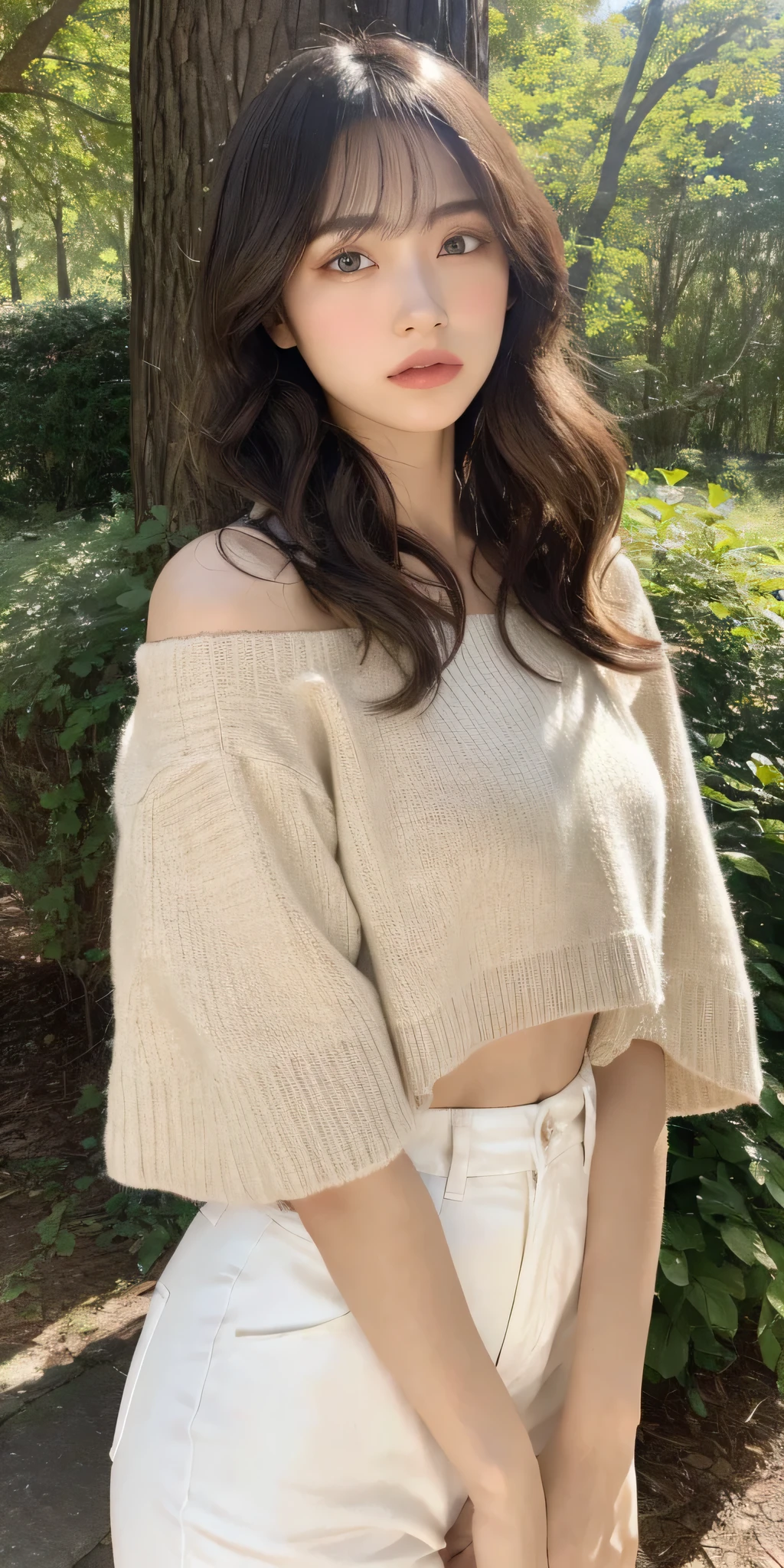 8k, best quality, masterpiece, highly detailed, semi realistic, a girl, a girl, 20 years old, looking at hands, long dark brown hair with bangs, curly hair, green eyes, black Japanese style cut clothes, white pants, bare shoulders, golden details, thin figure, cold expression, battle scenes, outdoors, forest background, with many trees and dark sky