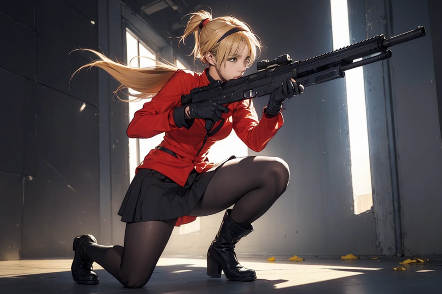 Elaizaikedareal, 1girl, solo, short hair, skirt, blonde hair, red eyes, gloves, ponytail, weapon, pantyhose, hairband, boots, holding weapon, gun, black pantyhose, rifle, one knee, sniper rifle, scope, shell casing