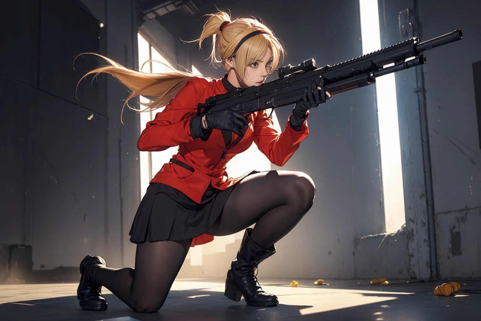Elaizaikedareal, 1girl, solo, short hair, skirt, blonde hair, red eyes, gloves, ponytail, weapon, pantyhose, hairband, boots, holding weapon, gun, black pantyhose, rifle, one knee, sniper rifle, scope, shell casing