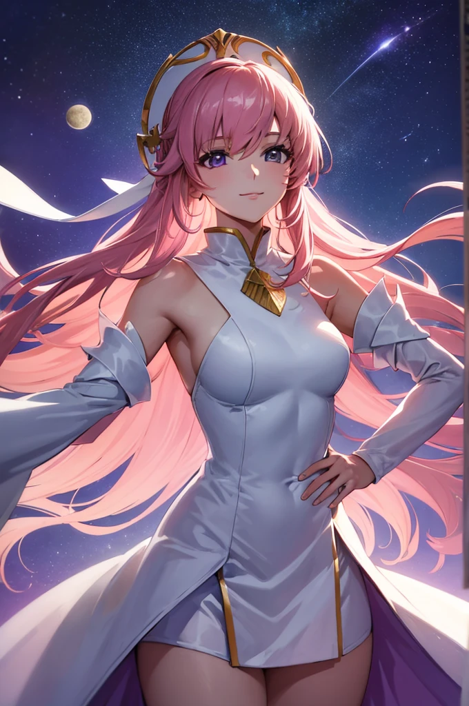 (masterpiece:1.3), (best quality:1.1), (8k, ultra detailed, ultra high res:1.2), ((anime style)), perfect 5 fingers, perfect anatomy,
1girl,
BREAK long hair,
pink hair,
purple eyes,
white cloth, white skirt, detached sleeves, shoulder hole tops,
looking at viewer, smile, standing,
(cowboy shot1.5),
perfect light,
(detailed background:1.2), space, sun, star, moon, the cosmos, galaxy,