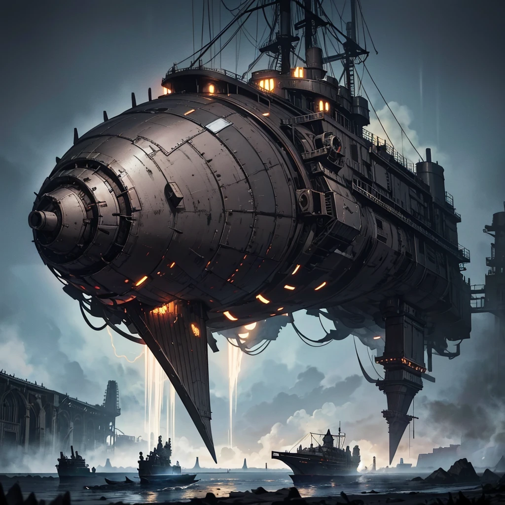 steam engine war dreadnought iron airship dark gothic style, Flying dark atmosphere