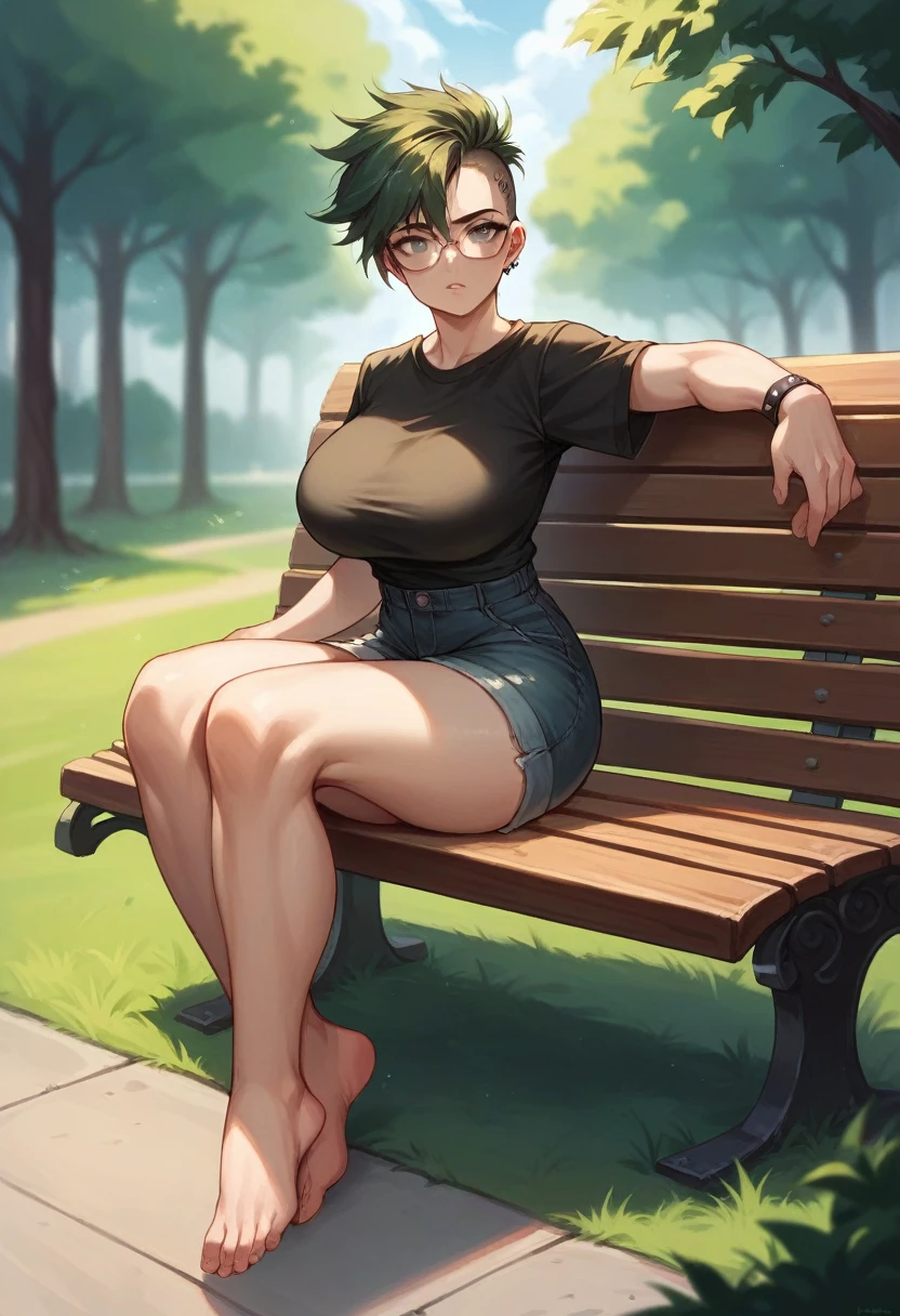 punk girl with glasses and a dark shirt, bench in the park, behind blurred green grass and trees in the background, short brown hair, detailed face, big breasts, sitting with feet in the air, showing your plants, high quality, high resolution