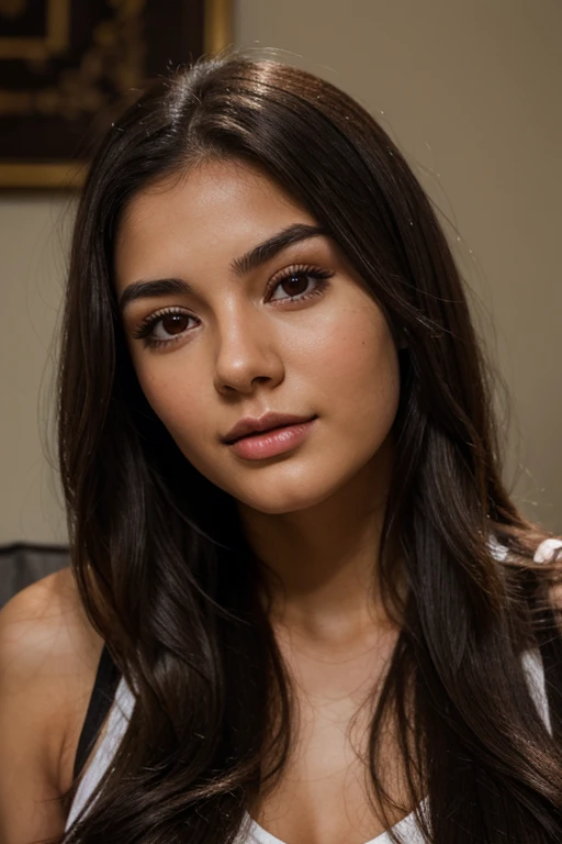 A photorealistic all body of a 21-year-old peruvien girl with long, flowing dark hair . close up. She should have a face with makeup, layed in the sofa 