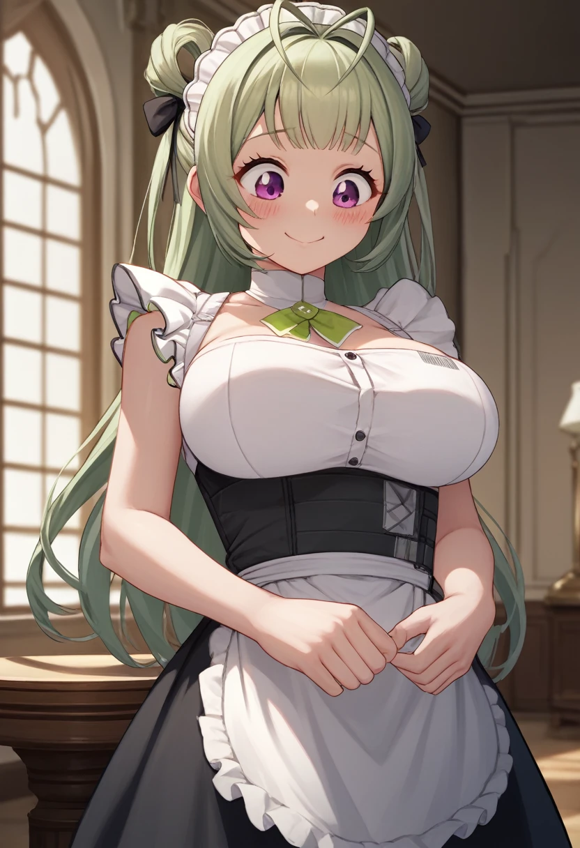 score_9, score_8_up, score_7_up, source_anime, BREAK 1girl, sdrnd, purple eyes, green hair, long hair, bangs, double bun, antenna hair, big breasts, blush, , smile, shy, embarrassed, smile, , maid, mansion, room, looking down, from bellow, seductive smile, table, happy, very happy