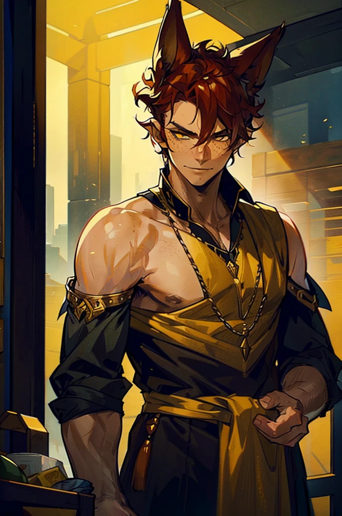 masterpiece, noise suppression, one man, Best quality, sharp image, permission 8k, male focus, sharp image, just concentrate, stunning composition, volumetric lighting, super quality, Very detailed, medieval fantasy, adult man man with fox ears on his head, without human ears, with stubble on the chin, red curly hair, pale skin with freckles, yellow eyes, tricky glance, sly smile, in animal skins, In the woods
