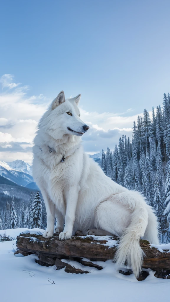 A giant white wolf in a snowy mountain