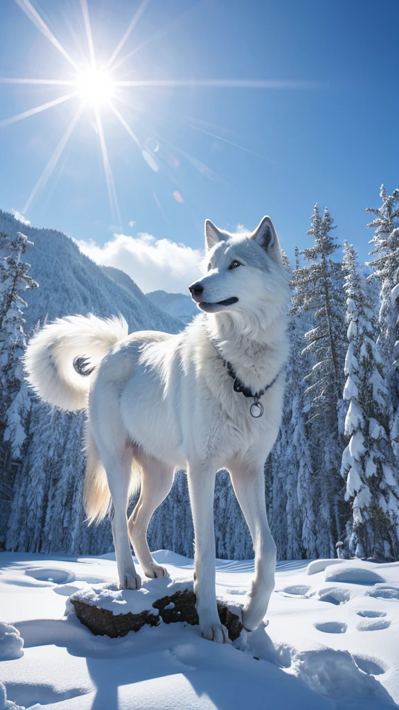A giant white wolf in a snowy mountain