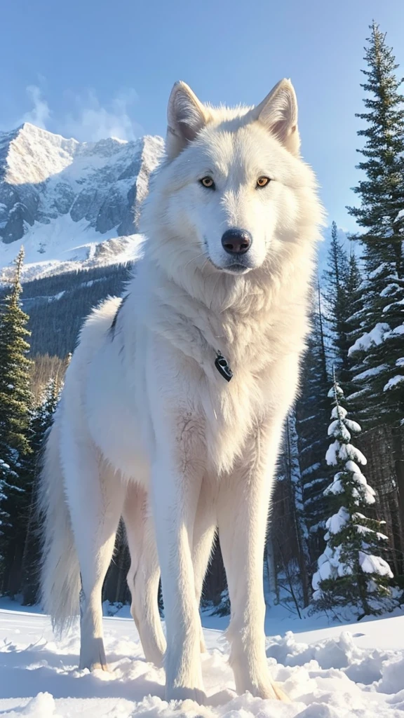 A giant white wolf in a snowy mountain