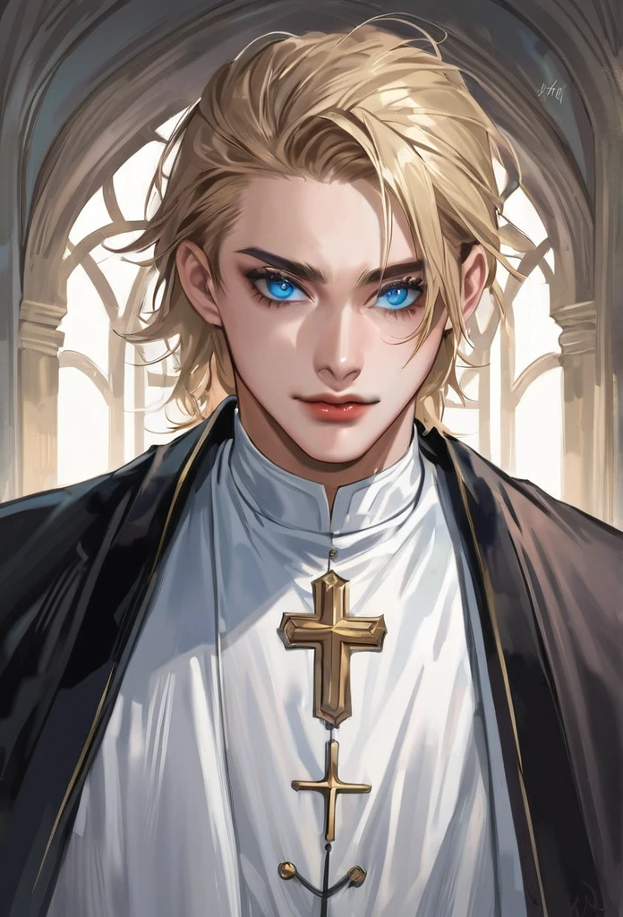 Blond boy with blue eyes,Priest robes,Realism, crazy