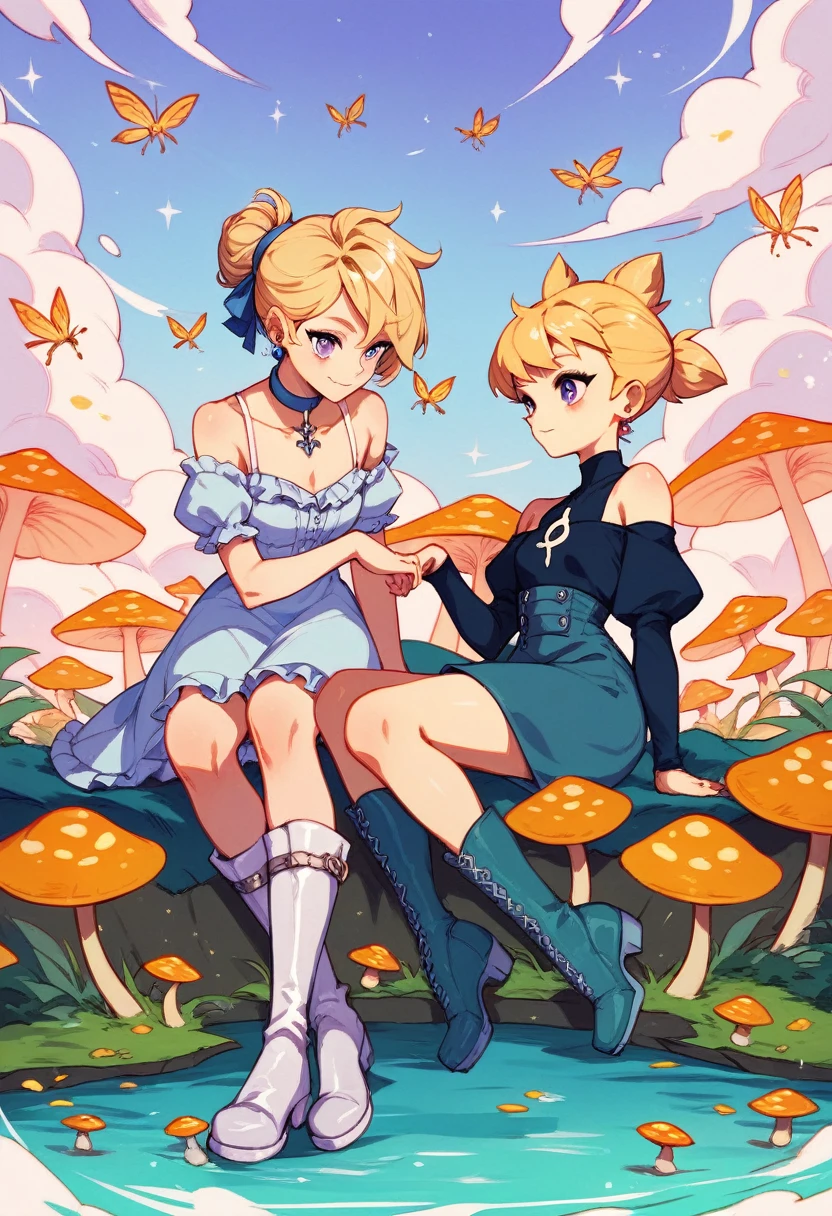 A light blonde haired anime girl with pale blue purple eyes、Wearing a pink off-the-shoulder puffy sleeve dress and knee-length white boots、Under the stars、Sitting in the woods next to an orange mushroom surrounded by fireflies。