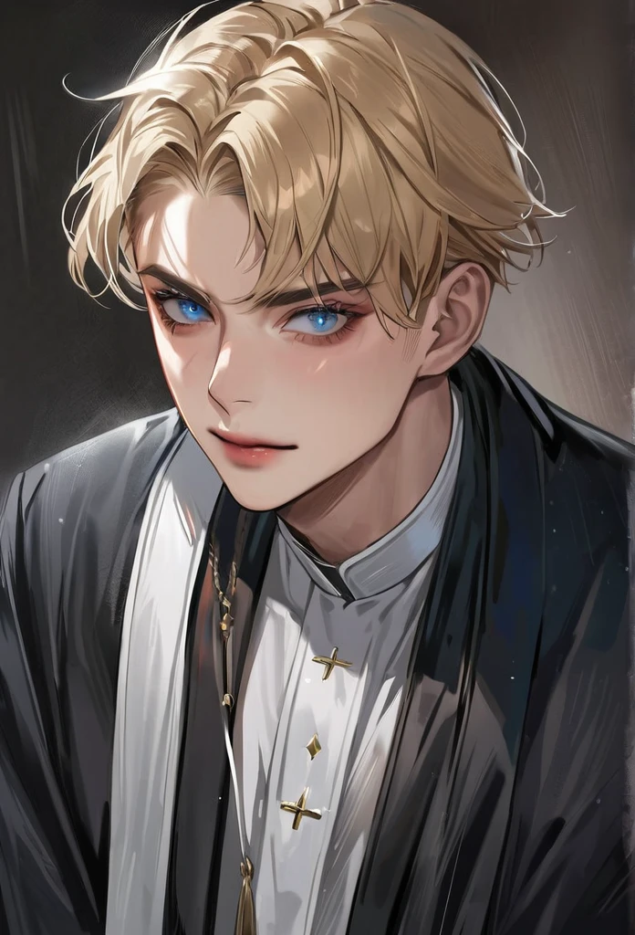 Blond boy with blue eyes,Priest robes,Realism, crazy
