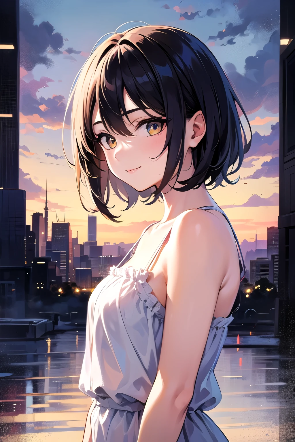 (masterpiece), (Highest quality), (Very detailed), (Beautiful illustrations), (pretty girl), 1 Girl, smile, Upper Body, front, close, In close range, Black Hair, short hair, bangs, Hair between the eyes, Beautiful Hair, かき上げたbangs, Yellow Eyes, Shining Eyes, 16 years old, camisole,