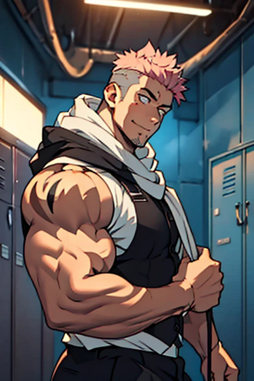 locker room背景，The character is a burly man，Wear a white sleeveless vest，Surrealistic pattern on vest，Dynamic Action，View from the abdomen，Exaggerated deformation，The overall picture highlights his well-developed shoulders and pectoralis major muscles，Light from above， Muscular，Upper Body，Wearing a huge hood，Clothes show shoulders，Slightly sideways，locker room，Black circle tattoo