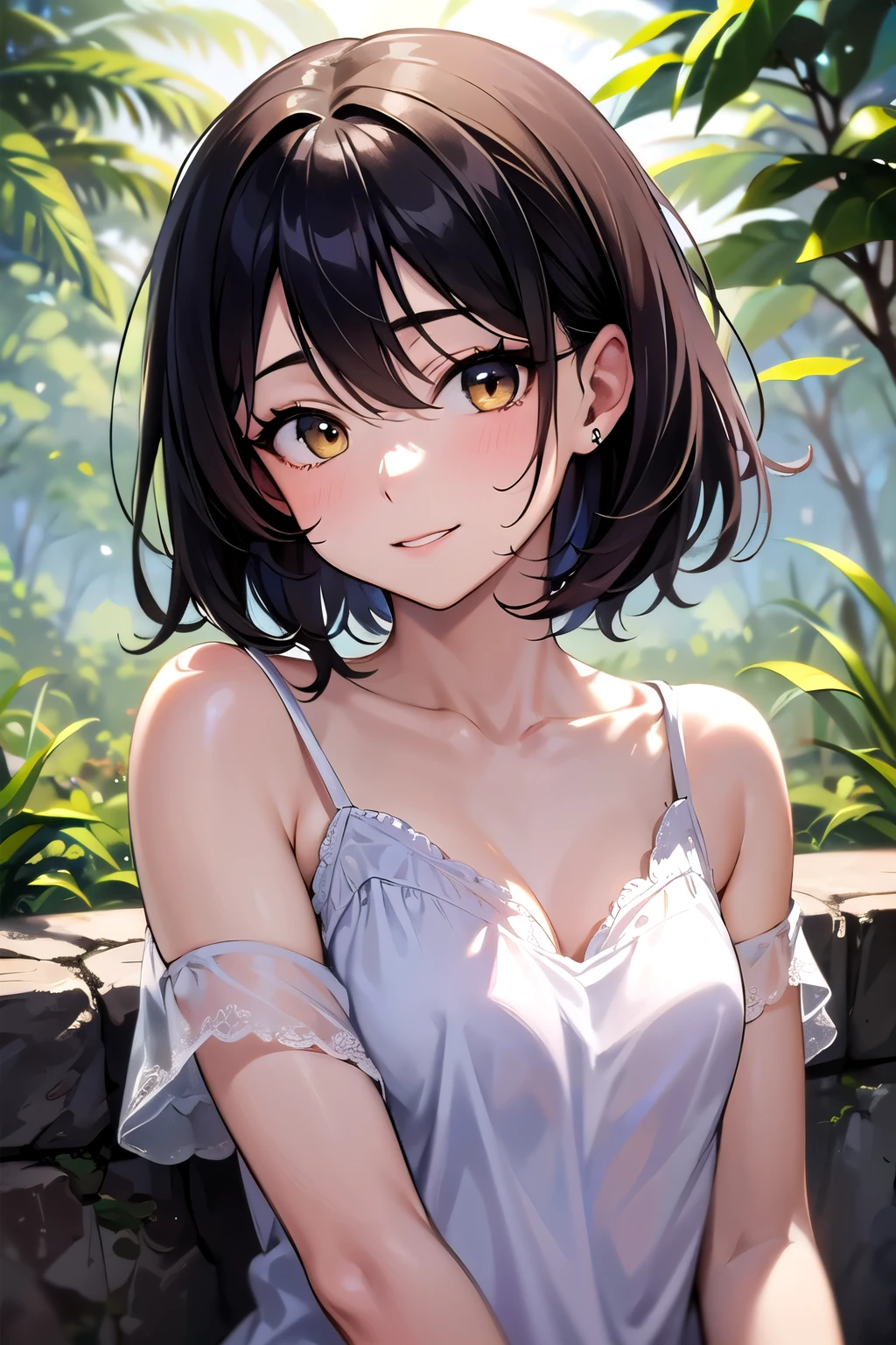 One adult woman,whole body,Black hair with gold streaks,Short Hair,surprise,Shyness,Open your mouth,boyish,Big Breasts,H Cup,high quality,anime,Her wet white tank top reveals her black lace underwear,garden,Children's pool,