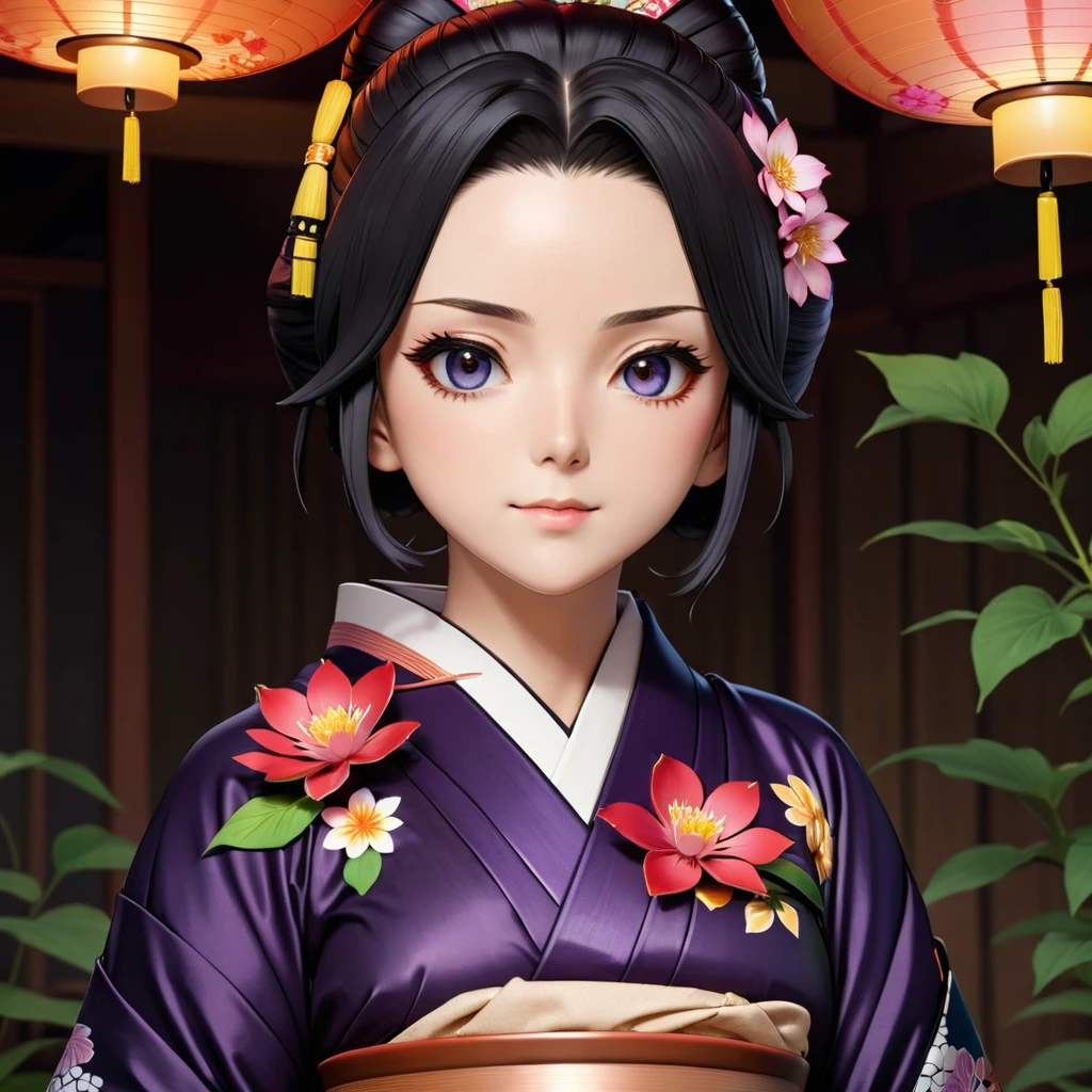 Woman in kimono outfit with flowers and a pot, kimetsu no yaiba, realistic style, maya fey from ace attorney, shalltear from overlord, realistic visual of a woman, beautiful woman, high quality, high detail
