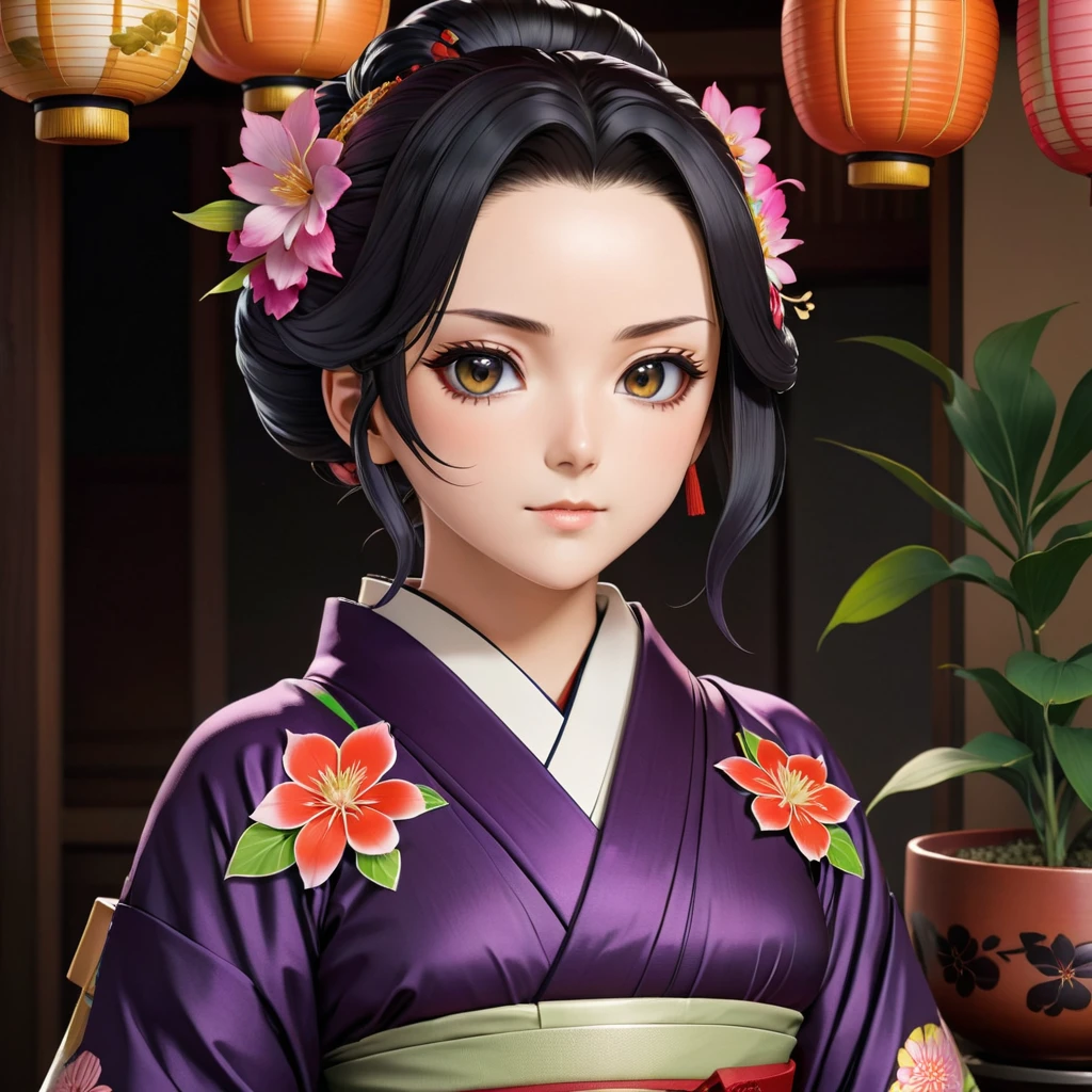 Woman in kimono outfit with flowers and a pot, kimetsu no yaiba, realistic style, maya fey from ace attorney, shalltear from overlord, realistic visual of a woman, beautiful woman, high quality, high detail