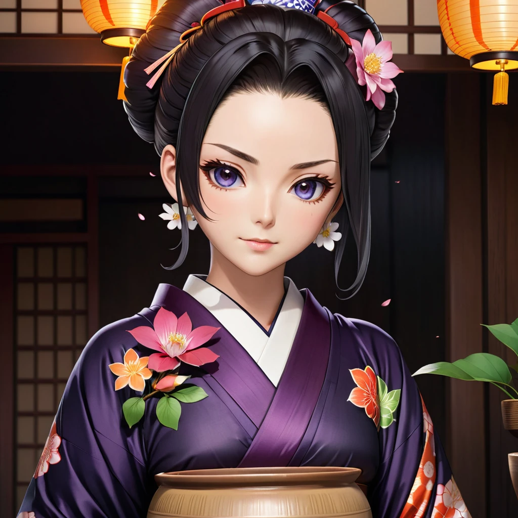 Woman in kimono outfit with flowers and a pot, kimetsu no yaiba, realistic style, maya fey from ace attorney, shalltear from overlord, realistic visual of a woman, beautiful woman, high quality, high detail