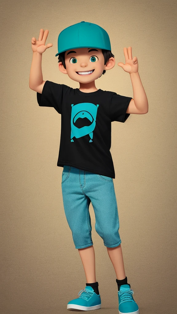 Boy smiling broadly, wearing teal black cap, and plain teal yellow t-shirt, black jeans, black shoes, arms crossed, 3d design character, happy body gesture, hands raised