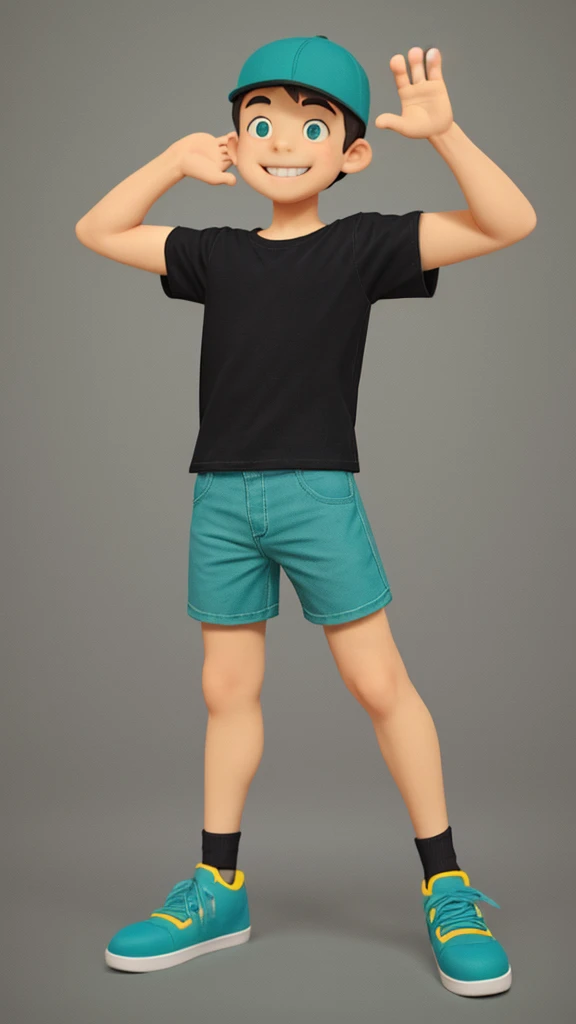Boy smiling broadly, wearing teal black cap, and plain teal yellow t-shirt, black jeans, black shoes, arms crossed, 3d design character, happy body gesture, hands raised