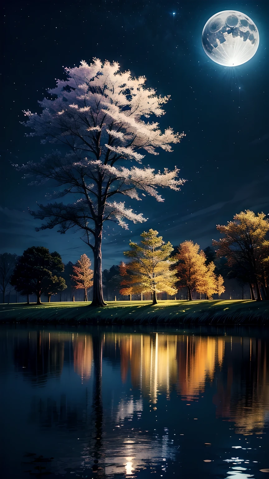 lake，world Tree，night，moon，Looking up at the world tree，Maximum resolution，The most beautiful scenery。