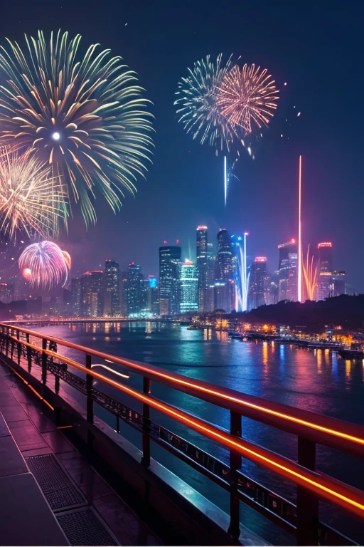 Highest quality、Landscape painting、firework、Neon lights in the city