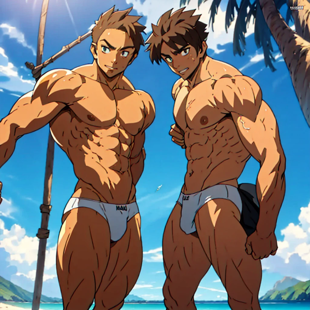 men, muscular young man in string thong, large lump, big chest, trasero grande, en la playa