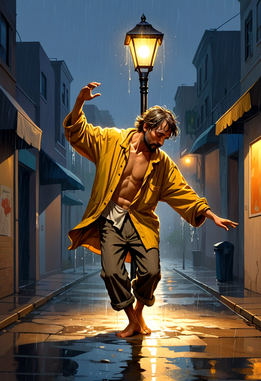 Soul Dancer Mark,A homeless man dancing alone in the rain under a street lamp，Barefoot，Loose and worn clothes，Professional Action，Splash，Light and Shadow，Minimalism，artistic conception，Clean background