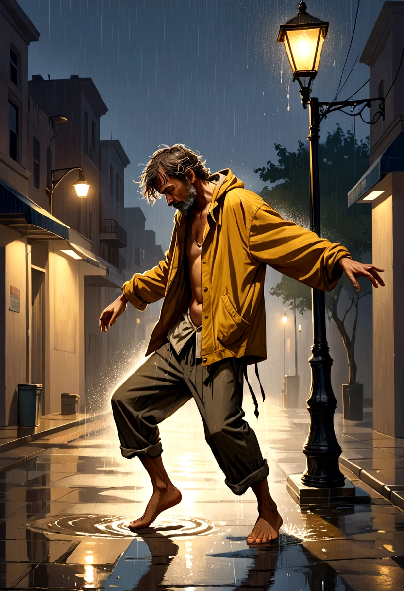 Soul Dancer Mark,A homeless man dancing alone in the rain under a street lamp,Barefoot,Loose and worn clothes,Professional Action,Splash,Light and Shadow,Minimalism,artistic conception,Clean background